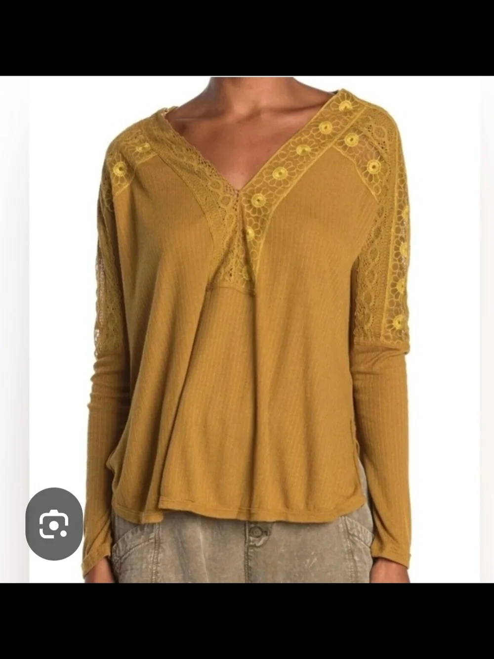 Free People NWT Golden Yellow Lace-Trim V-Neck Long Sleeve Top Large